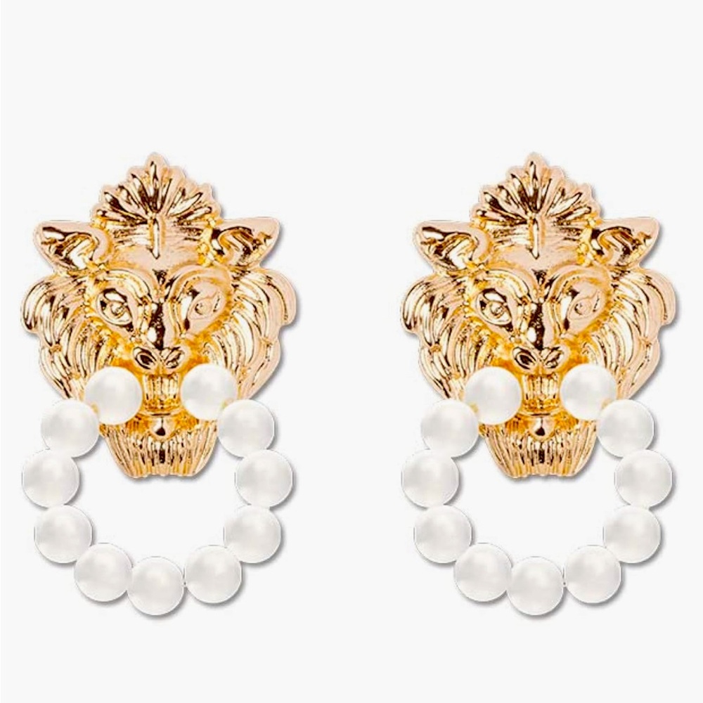 Fashionable, Timeless, & Classic Statement Earrings:Lion Head Pearl Circle Hoop